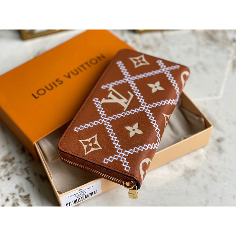 LV Embossed Pebbled Calfskin Small Embossed Single Zipper Wallet Brown