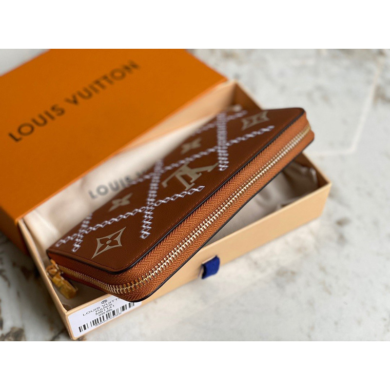 LV Embossed Pebbled Calfskin Small Embossed Single Zipper Wallet Brown