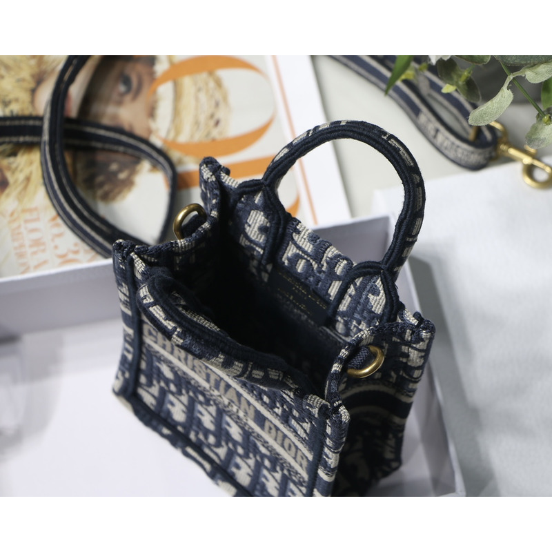 D*or book tote phone bag blue toile de jouy reverse embroidery mini