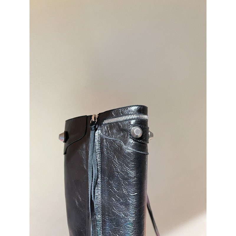 Ba*len*cia*ga cagole lambskin buckle zip knee boots in black