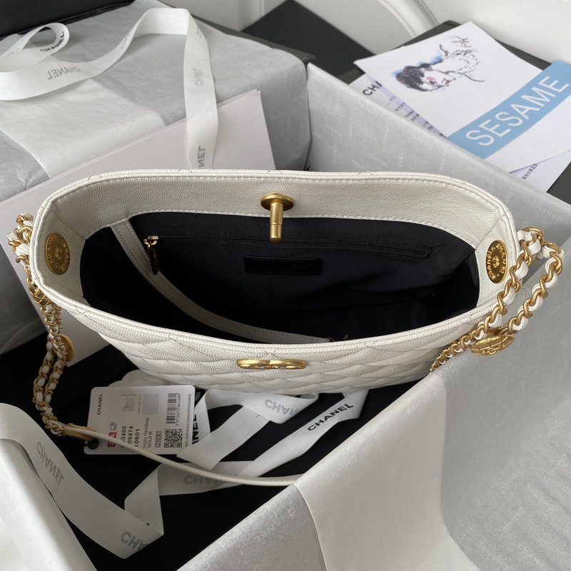 Ch*el hobo handbag lambskin & gold-tone metal white