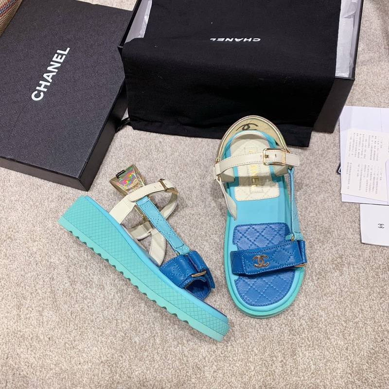 Ch*el open toe platform plain block heels blue/white