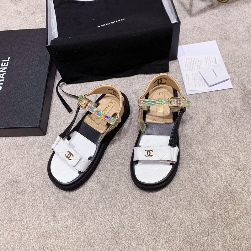Ch*el open toe platform plain block heels white/brow