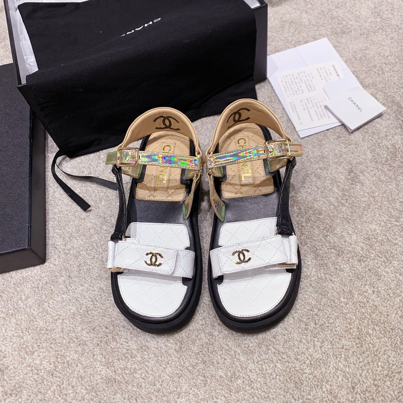 Ch*el open toe platform plain block heels white/brow