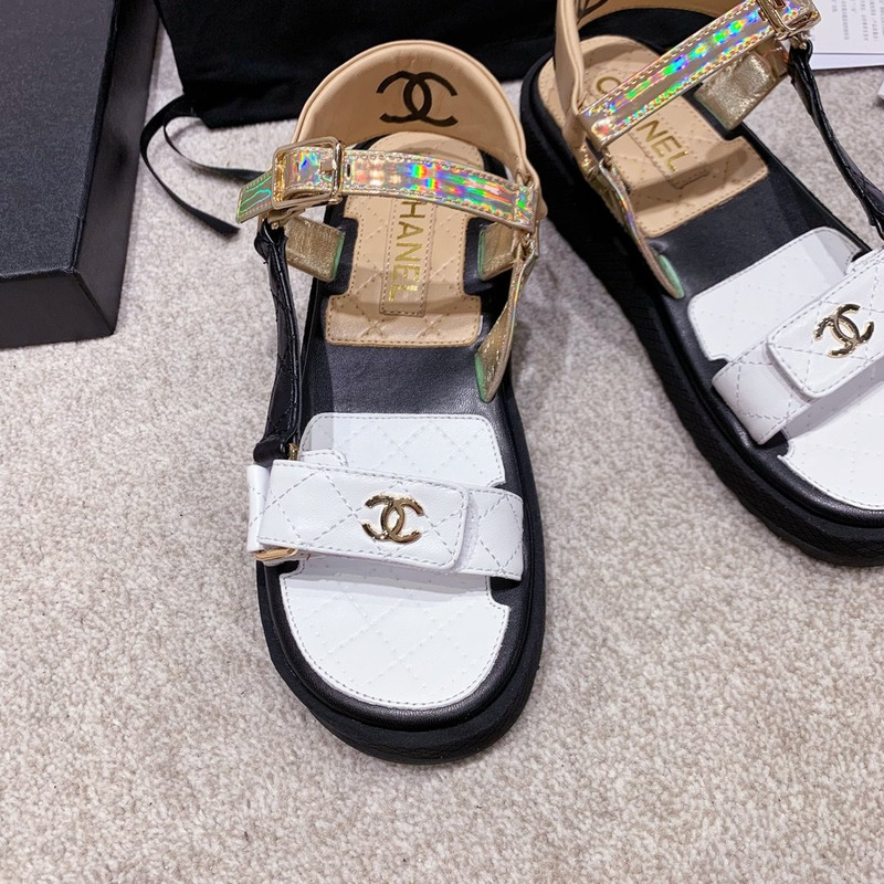 Ch*el open toe platform plain block heels white/brow