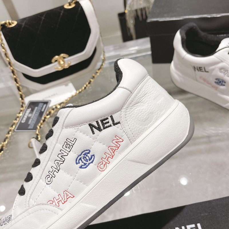 Ch*el   logo embroidered sneakers white black