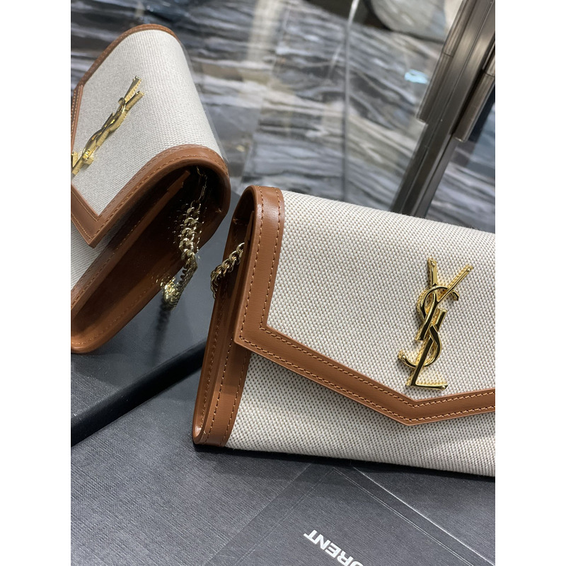 Saint Laurent Uptown Chain Wallet Bag Canvas Beige & Brown
