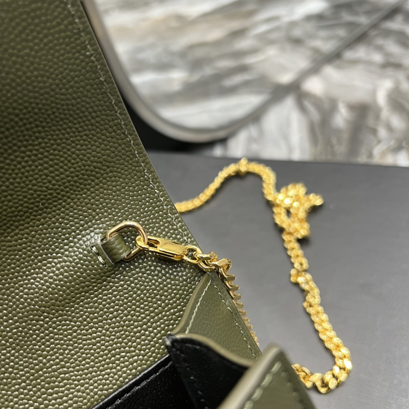 Saint Laurent Uptown Chain Wallet In Grain de Poudre Embossed Leather Olive Green