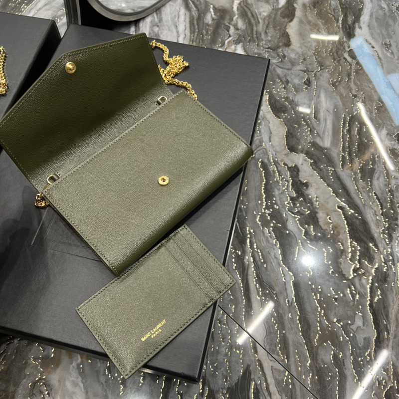 Saint Laurent Uptown Chain Wallet In Grain de Poudre Embossed Leather Olive Green