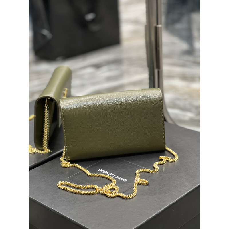 Saint Laurent Uptown Chain Wallet In Grain de Poudre Embossed Leather Olive Green