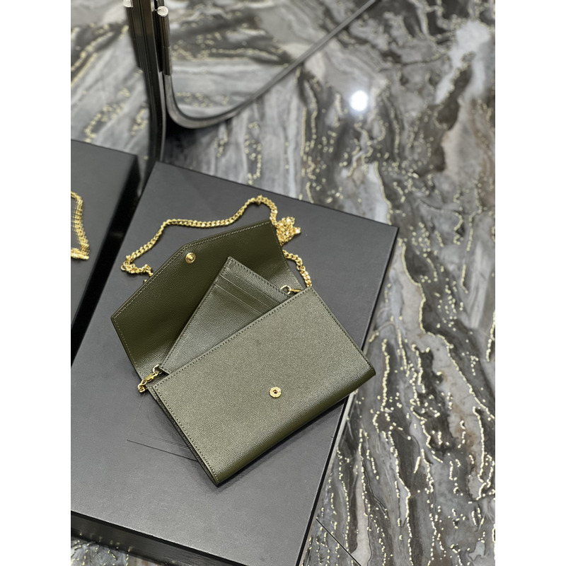Saint Laurent Uptown Chain Wallet In Grain de Poudre Embossed Leather Olive Green