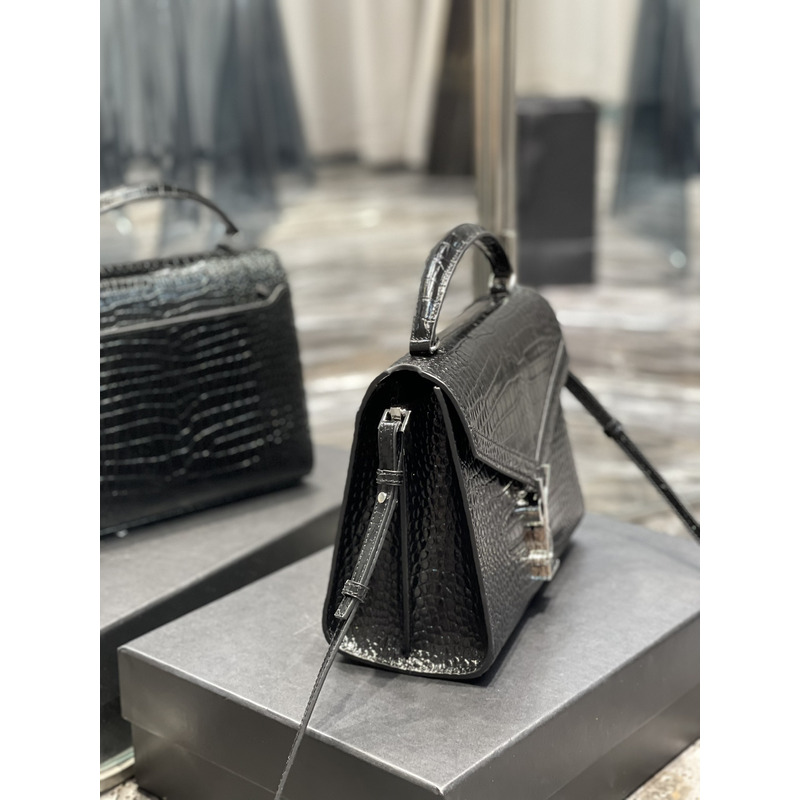 Saint Laurent Cassandra Medium Crocodile Embossed Leather Top Handle Bag Silver