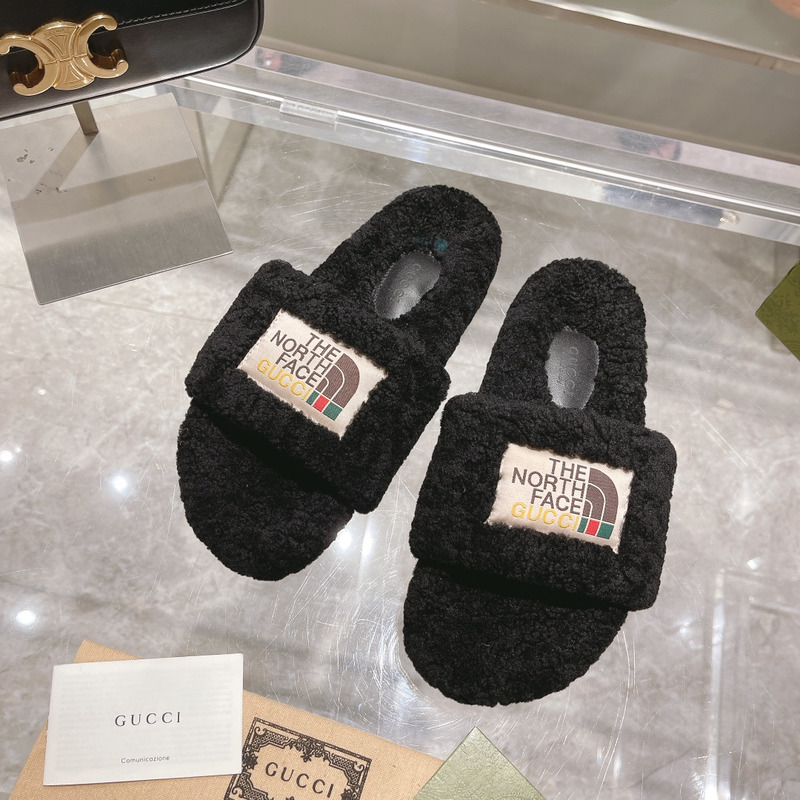 g*u*i x the n0*h F**e shearling slides black