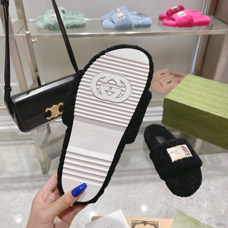 g*u*i x the n0*h F**e shearling slides black