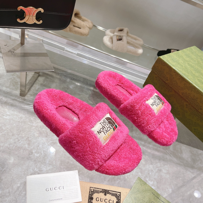 g*u*i x the n0*h F**e shearling slides taffy pink
