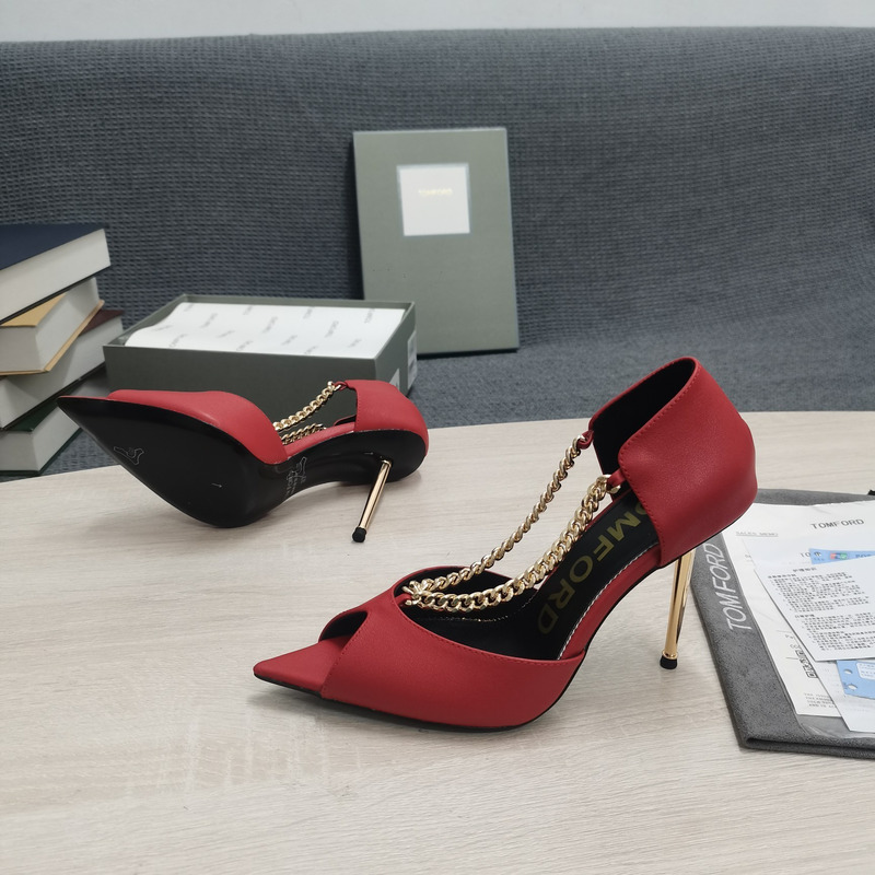 Tom Ford Open Toe Pointed Toe Chain Detail High Heel in Red