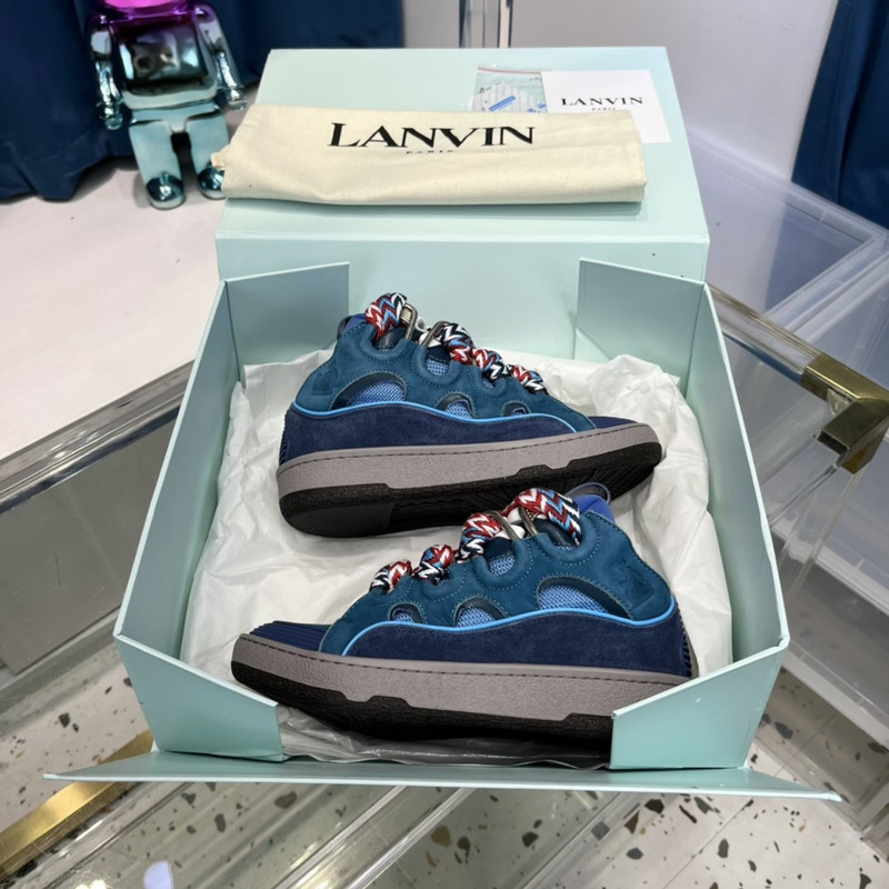Lanvin Curb Leather Sneakers With Multicolor Laces in Dark Blue