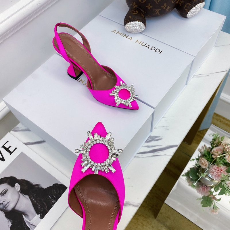 Amina Muaddi Begum Crystal Satin Pink Slingback Pumps