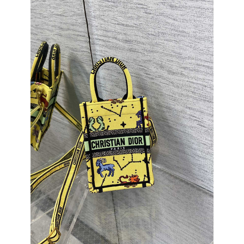 D*or mini book tote phone pouch multicolor D*or zodiac pixel pattern embroidery in yellow fabric
