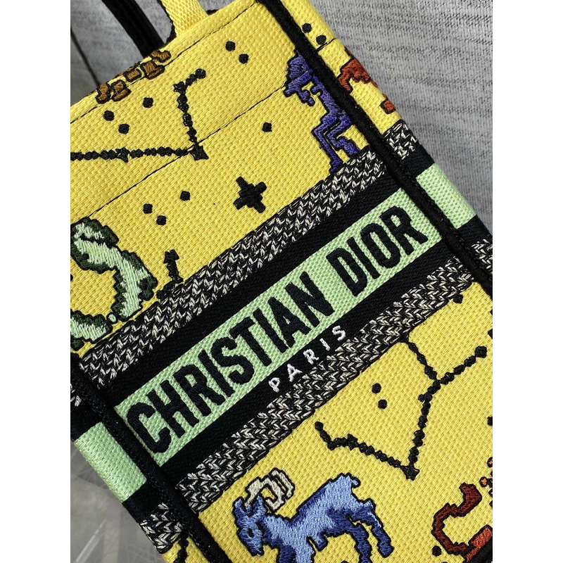 D*or mini book tote phone pouch multicolor D*or zodiac pixel pattern embroidery in yellow fabric