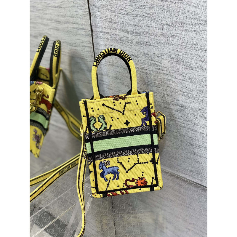 D*or mini book tote phone pouch multicolor D*or zodiac pixel pattern embroidery in yellow fabric