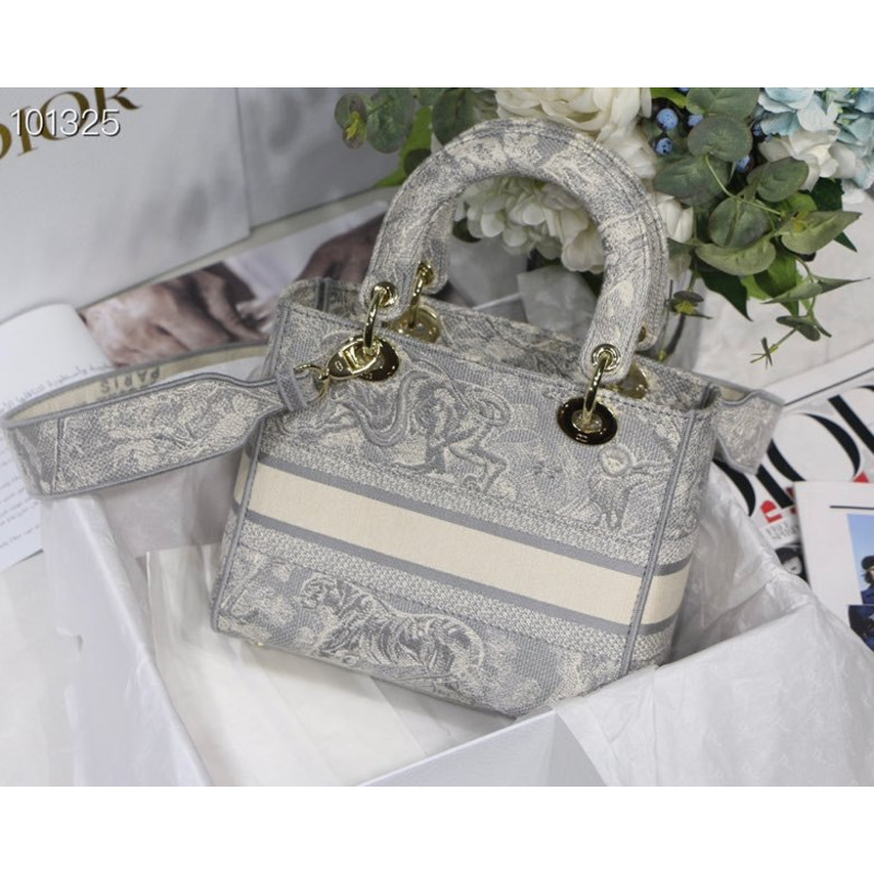 D*or lady d-lite bag toile de jouy embroidery in gray