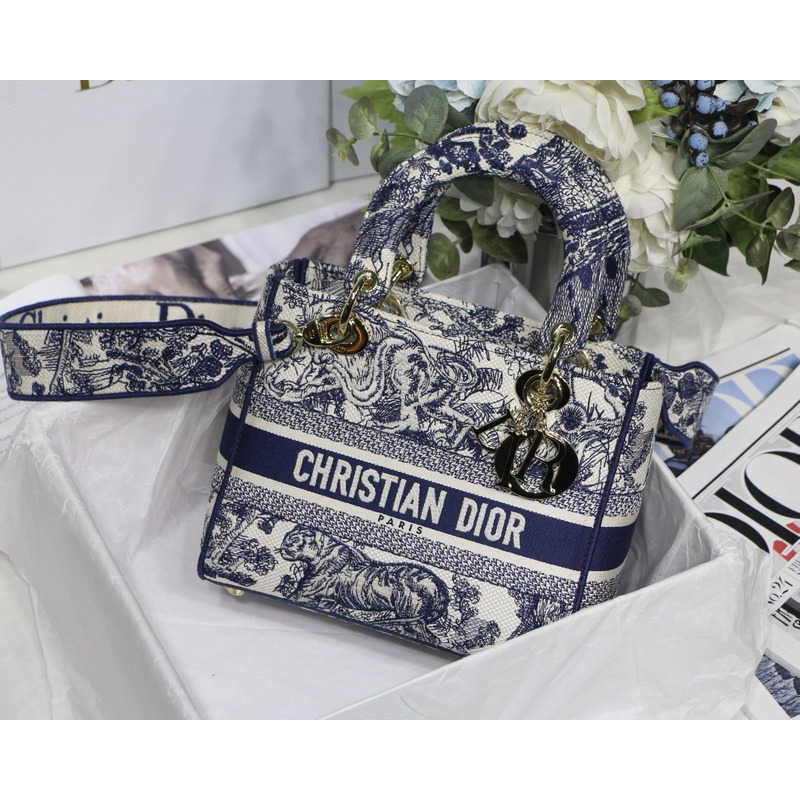 D*or lady d-lite bag toile de jouy embroidery in dark blue