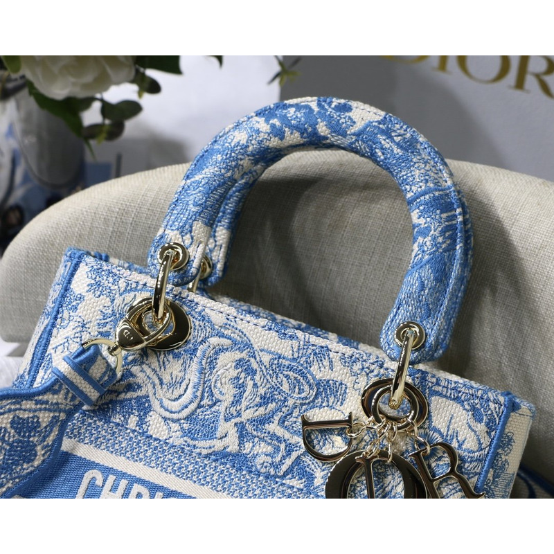 D*or  lady d-lite bag toile de jouy reverse embroidery in fluorescent blue