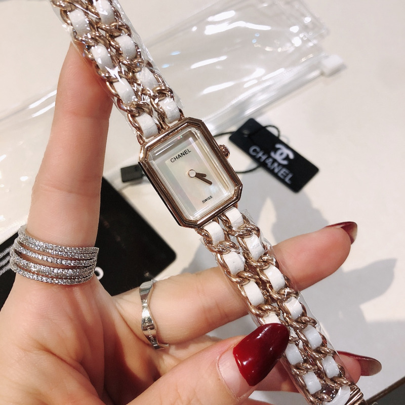 Ch*el premiere rock quartz plated metal and leather watch beige
