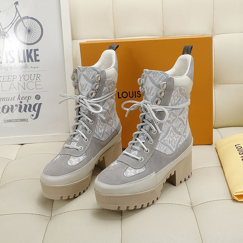 l**is V*t*n laureate platform desert patent monogram canvas back loop boots grey