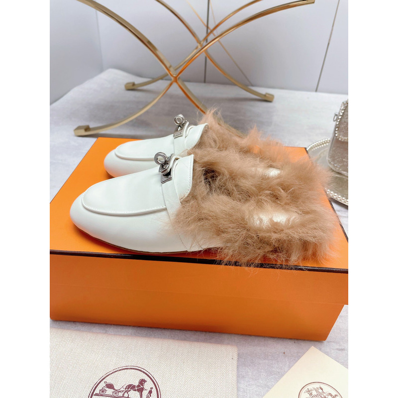 H**mes fur loafers white