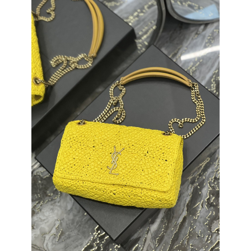 Saint Laurent Jamie Flat Shoulder Bag Crochet Raffia Yellow