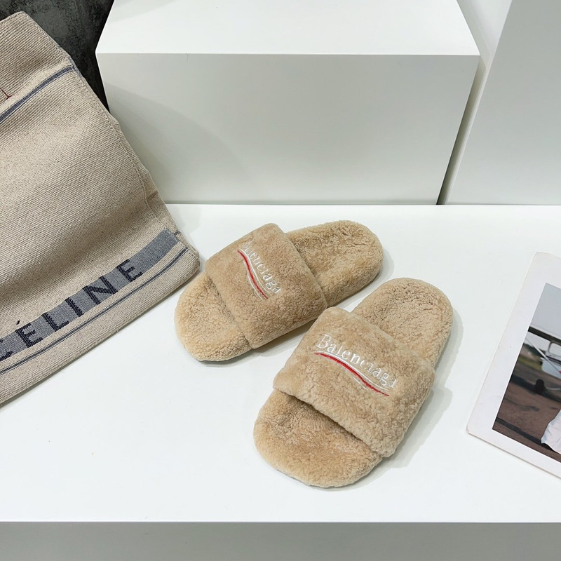 Ba*len*cia*ga logo-embroidered faux shearling slides beige