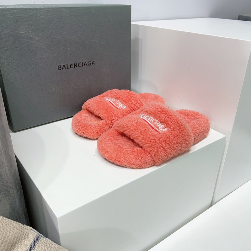 Ba*len*cia*ga logo-embroidered faux shearling slides coral