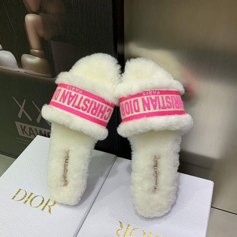 D*or chez moi slides embroidered cotton and shearling bright pink