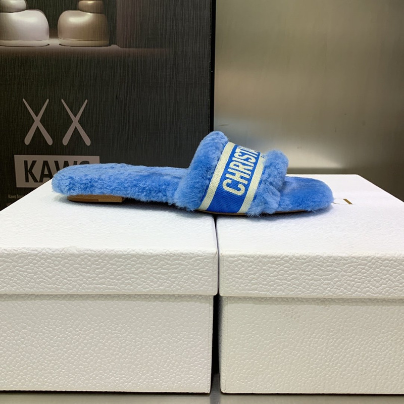 D*or chez moi slides embroidered cotton and shearling bright blue