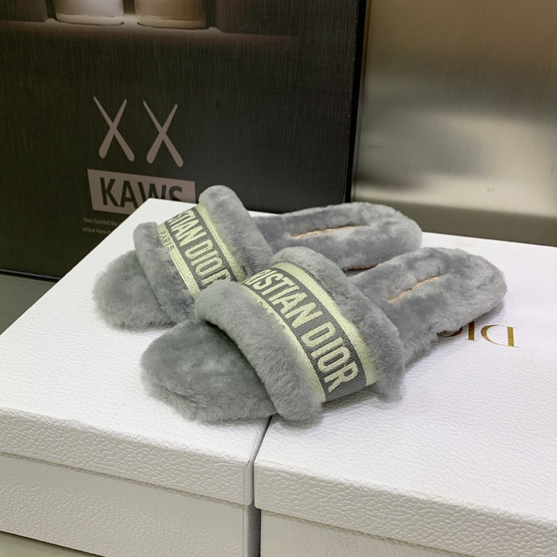 D*or chez moi slides embroidered cotton and shearling grey