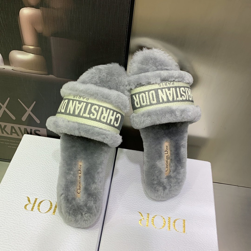 D*or chez moi slides embroidered cotton and shearling grey