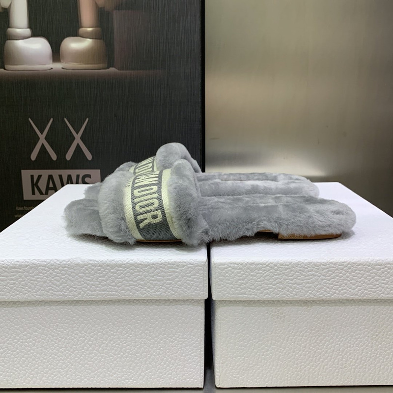 D*or chez moi slides embroidered cotton and shearling grey