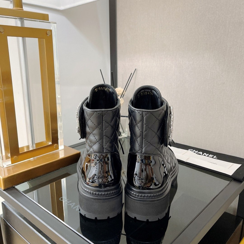 Ch*el cc chain quilted lambskin and calfskin lace up boots black