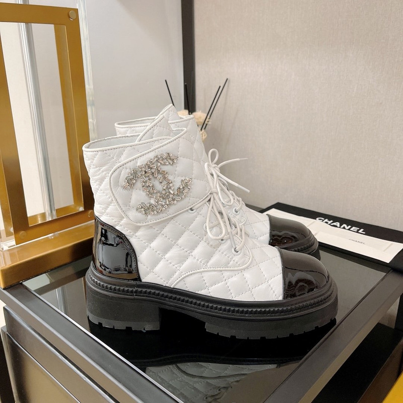 Ch*el cc chain quilted lambskin and calfskin lace up boots cream