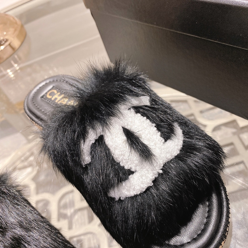 Ch*el mules shearling lambskin black and white
