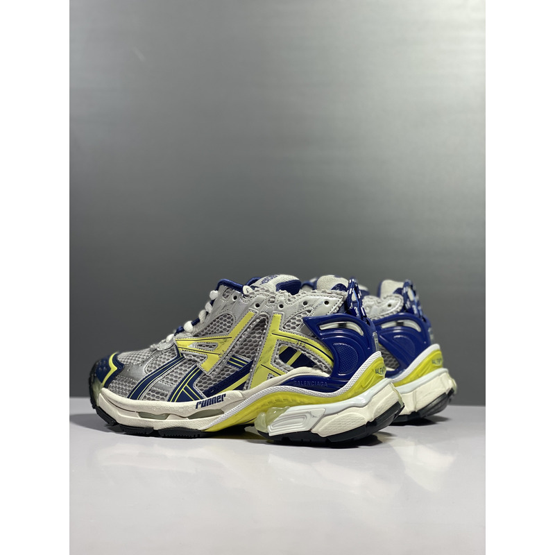 Ba*len*cia*ga runner sneaker in white, blue, yellow, grey and black mesh and nylon