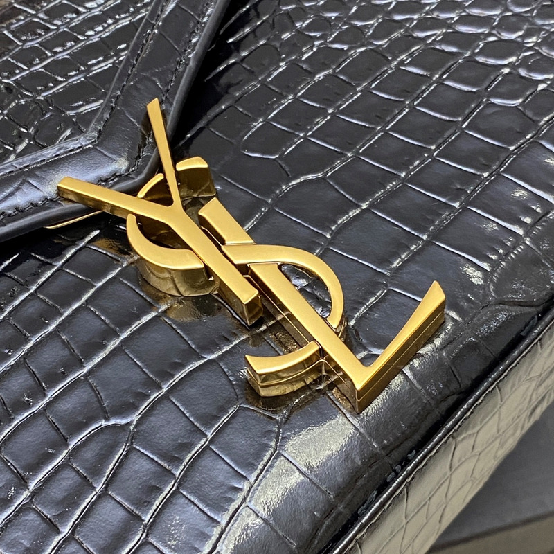 Saint Laurent Navy Crocodile-Embossed Cassandra Top Handle Bag