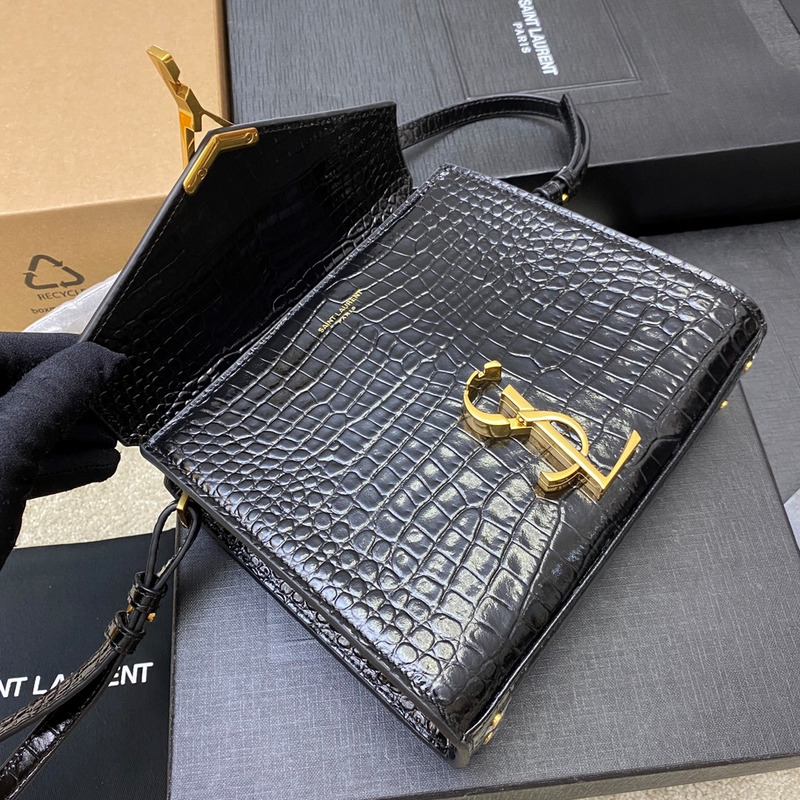 Saint Laurent Navy Crocodile-Embossed Cassandra Top Handle Bag
