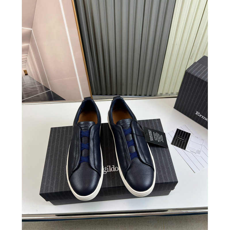 Ermenegildo Zegna Dark Blue Deerskin Triple Stitch Low Top Sneaker
