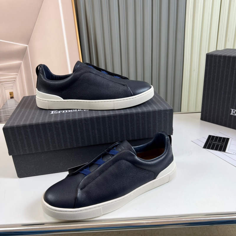 Ermenegildo Zegna Dark Blue Deerskin Triple Stitch Low Top Sneaker