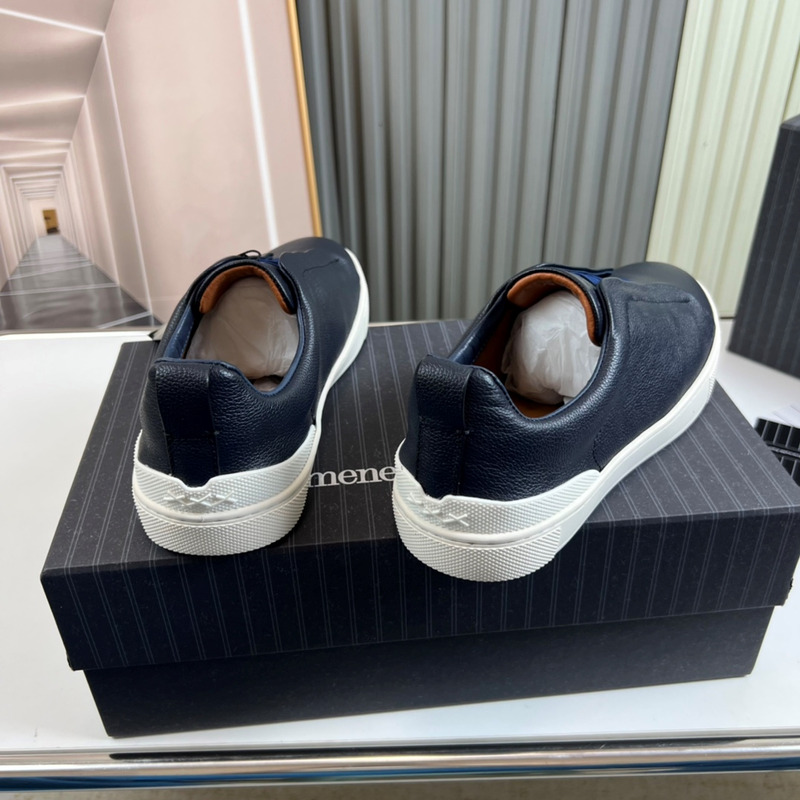 Ermenegildo Zegna Dark Blue Deerskin Triple Stitch Low Top Sneaker