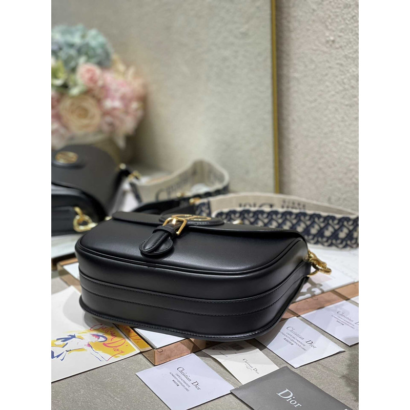 D*or large D*or bobby bag black shiny calfskin with blue oblique print shoulder strap