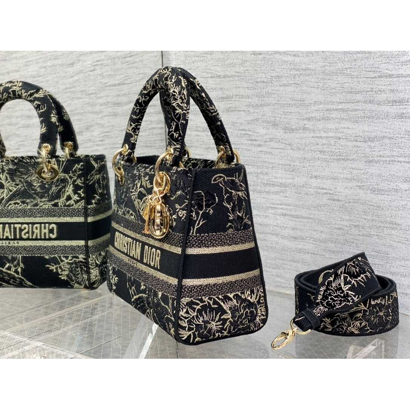 D*or medium lady d-lite bag black cotton multicolour D*or jardin d\